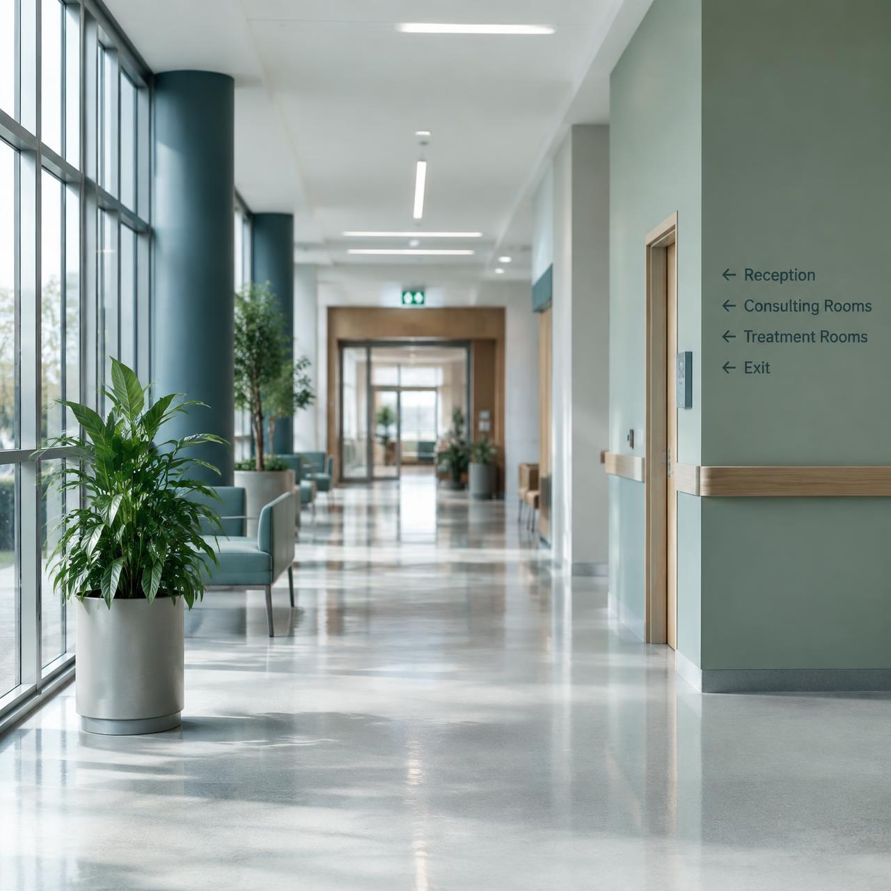 Heller, moderner Klinikflur mit Pflanzen und Tageslicht